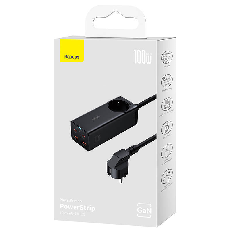 Produžni kabel Baseus GaN3 Pro PowerStrip, 100W, 5A, 2 x USB-A - 2 x USB-C - 1 x Schuko, Crni PSZM000401