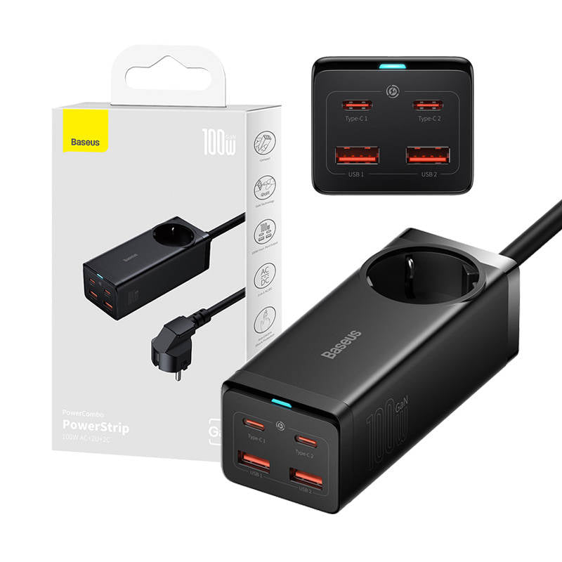 Produžni kabel Baseus GaN3 Pro PowerStrip, 100W, 5A, 2 x USB-A - 2 x USB-C - 1 x Schuko, Crni PSZM000401
