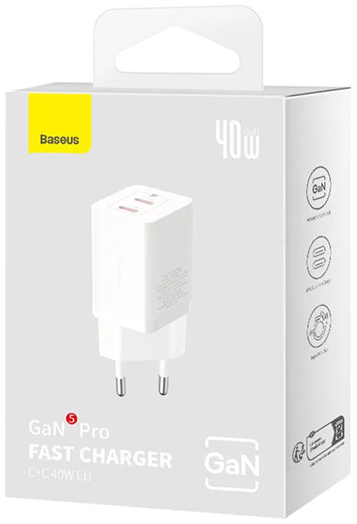 Punjač mreže Baseus GaN5 Pro, 40W, 3A, 2 x USB-C, Bijeli CCGP180102