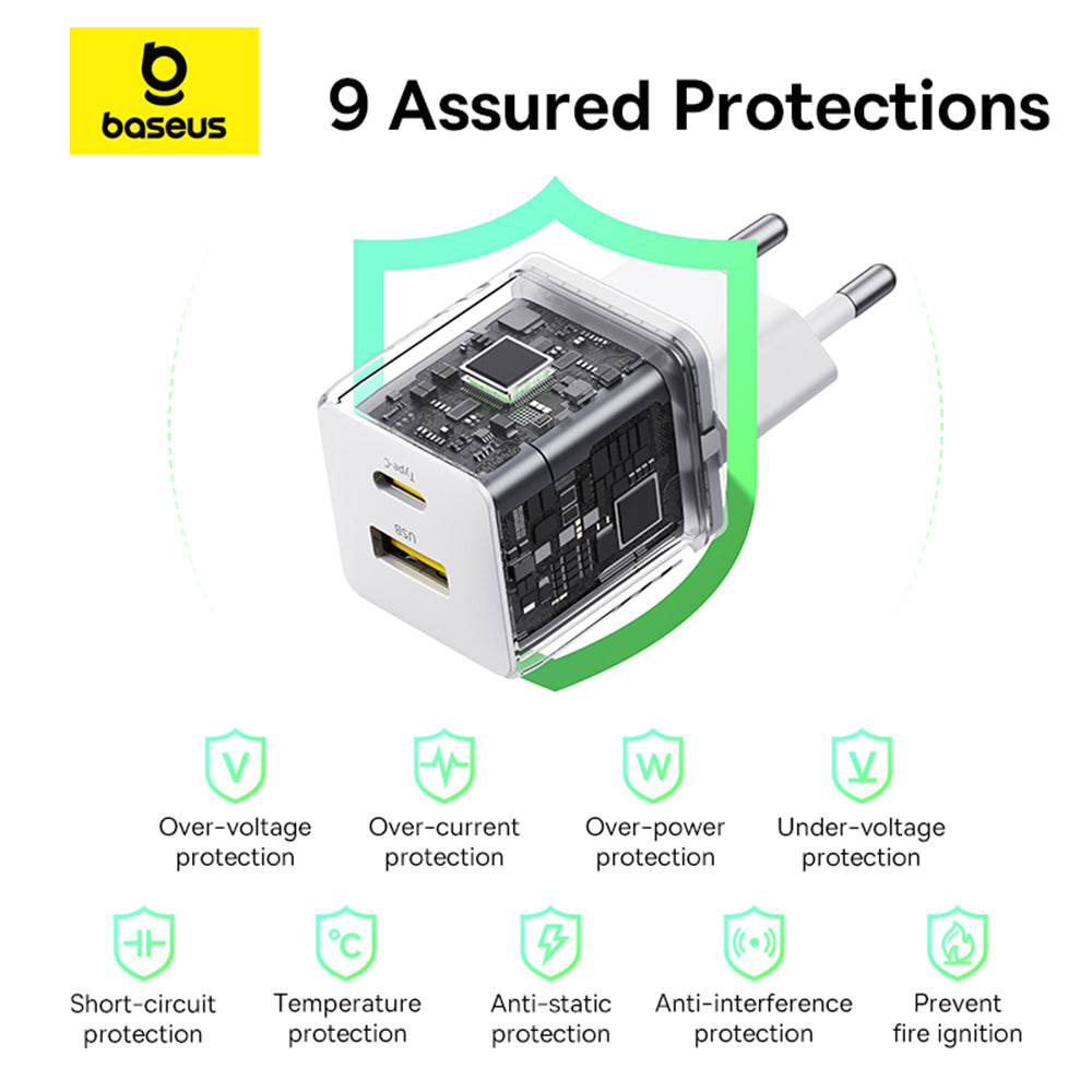 Punjač Baseus Palm, 30W, 3A, 1 x USB-A - 1 x USB-C, Bijeli P1011160A213-00