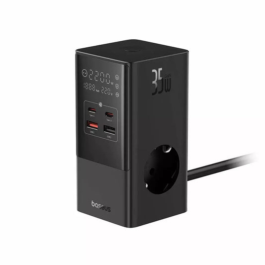 Punjač mreže Baseus PowerCombo, 35W, 5A, 2 x USB-A - 2 x USB-C - 3 x Schuko, Crni, Ponovno zapečaćen E00023606113-00