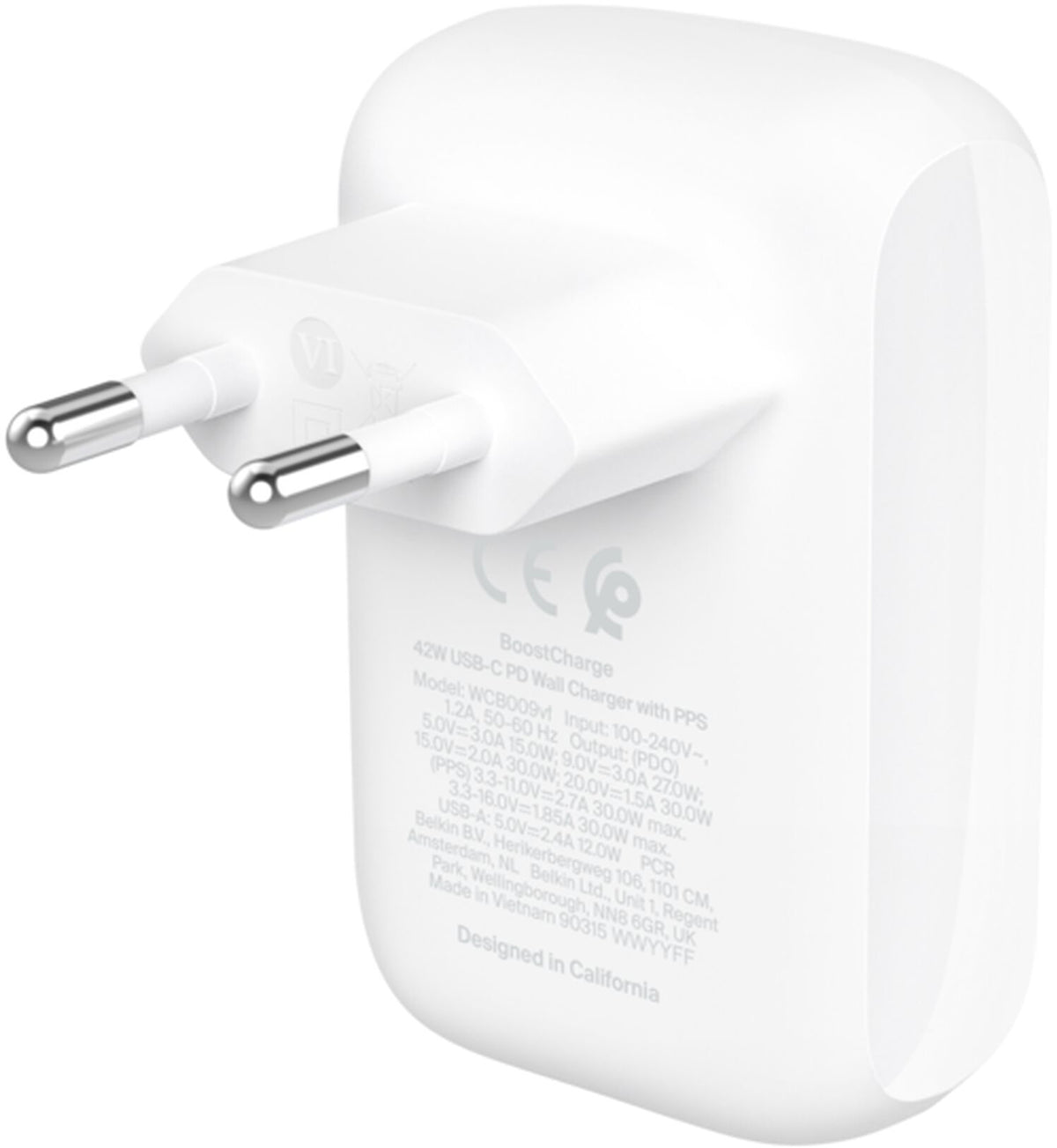 Mrežni punjač Belkin BoostCharge Dual, 42W, 3A, 1 x USB-A - 1 x USB-C, Bijeli WCB009vfWH