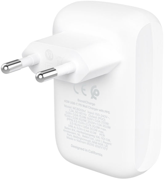 Mrežni punjač Belkin BoostCharge Dual, 42W, 3A, 1 x USB-A - 1 x USB-C, Bijeli WCB009vfWH