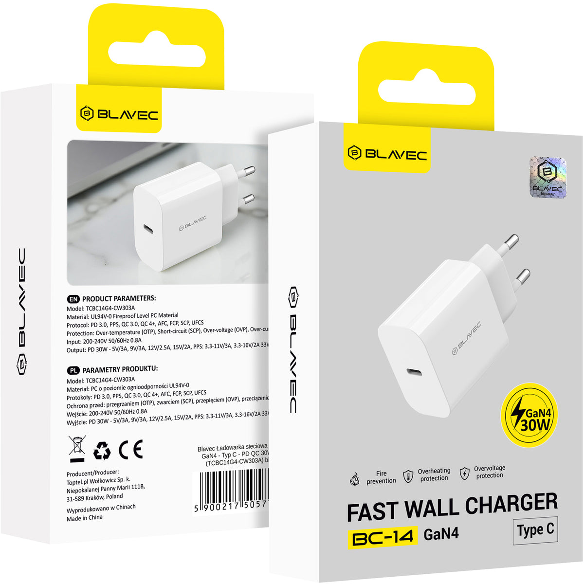 Mrežni punjač Blavec BC-14, 30 W, 3 A, 1 × USB-C, bijeli