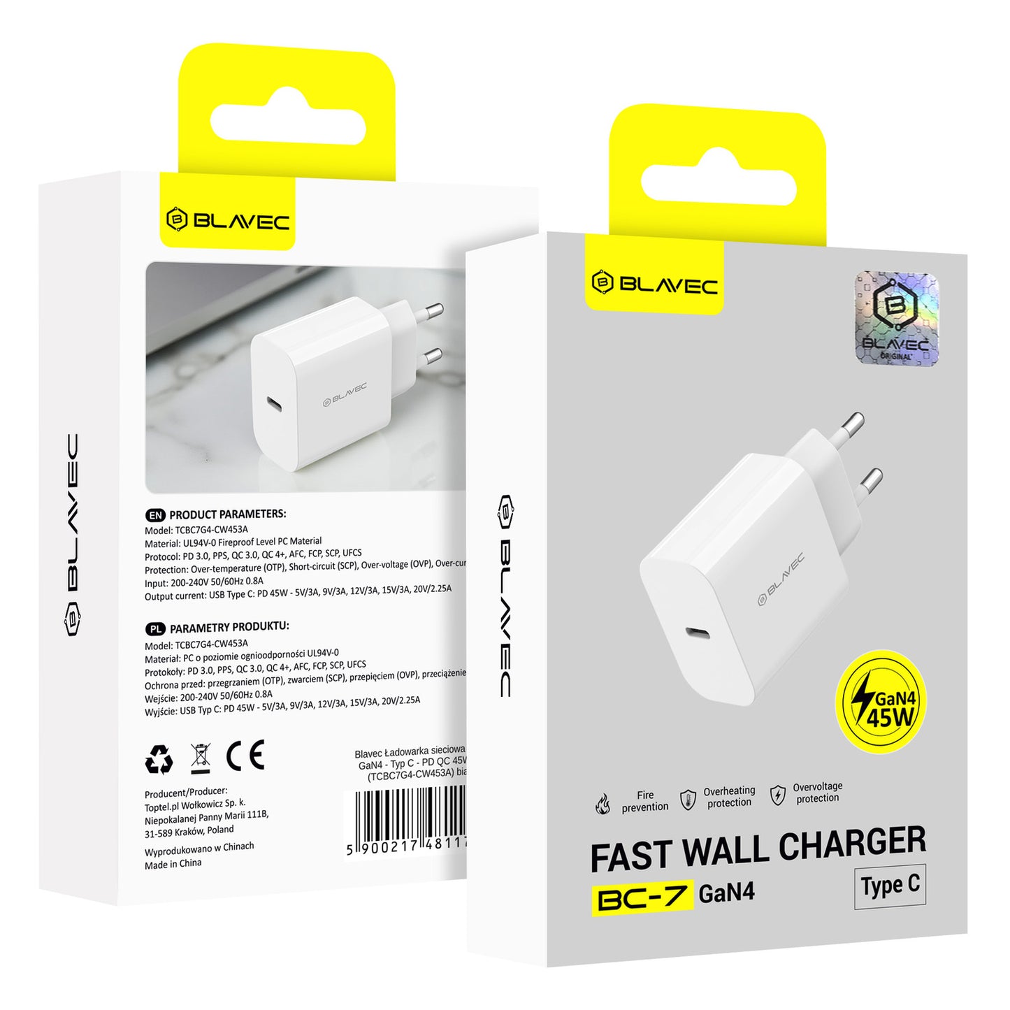 Punjač za mrežu Blavec BC-7, 45W, 3A, 1 x USB-C, Bijeli