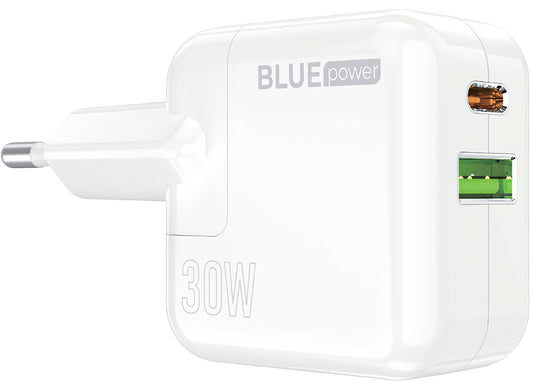 Punjač za mrežu BLUE Power BC111A, 30W, 3A, 1 x USB-A - 1 x USB-C, Bijeli