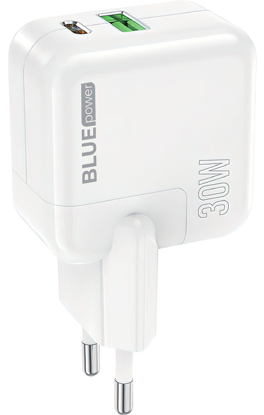 Punjač za mrežu BLUE Power BC111A, 30W, 3A, 1 x USB-A - 1 x USB-C, Bijeli