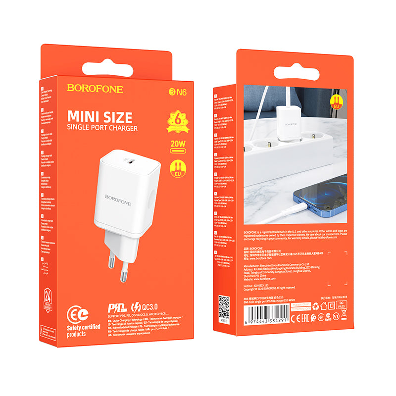 Punjač za mrežu Borofone BN6 Field, 20W, 3A, 1 x USB-C, Bijeli