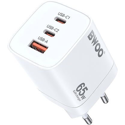 Punjač za mrežu BWOO CDA147, 65W, 4.5A, 1 x USB-A - 2 x USB-C, Bijeli