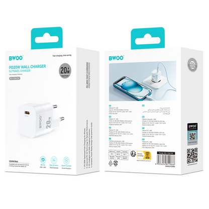 Punjač za mrežu BWOO CDA155, 20W, 3A, 1 x USB-C, Bijela