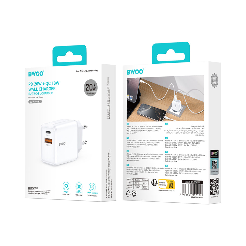 Mrežni punjač BWOO CDA182, 38W, 3A, 1 x USB-A - 1 x USB-C, Bijeli