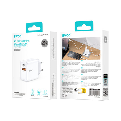 Mrežni punjač BWOO CDA182, 38W, 3A, 1 x USB-A - 1 x USB-C, Bijeli