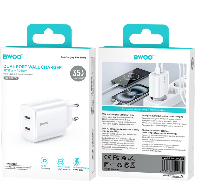 Mrežni punjač BWOO CDA206, 35W, 3A, 2 x USB-C, Bijeli