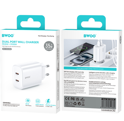 Mrežni punjač BWOO CDA206, 35W, 3A, 2 x USB-C, Bijeli