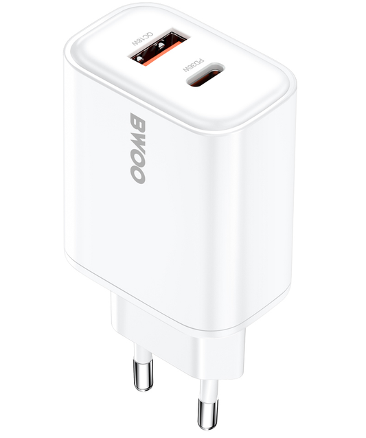 Mrežni punjač BWOO CDA207, 36W, 3A, 1 x USB-A - 1 x USB-C, Bijeli