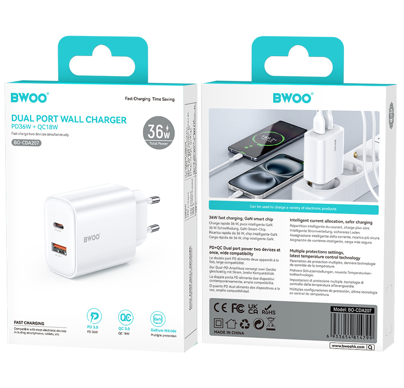 Mrežni punjač BWOO CDA207, 36W, 3A, 1 x USB-A - 1 x USB-C, Bijeli