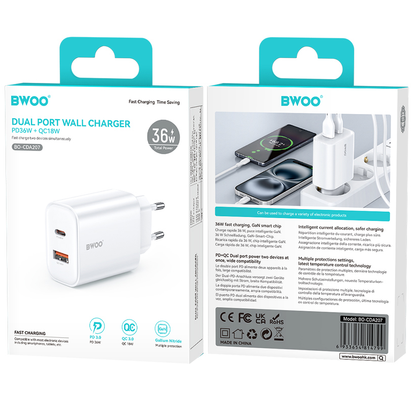 Mrežni punjač BWOO CDA207, 36W, 3A, 1 x USB-A - 1 x USB-C, Bijeli