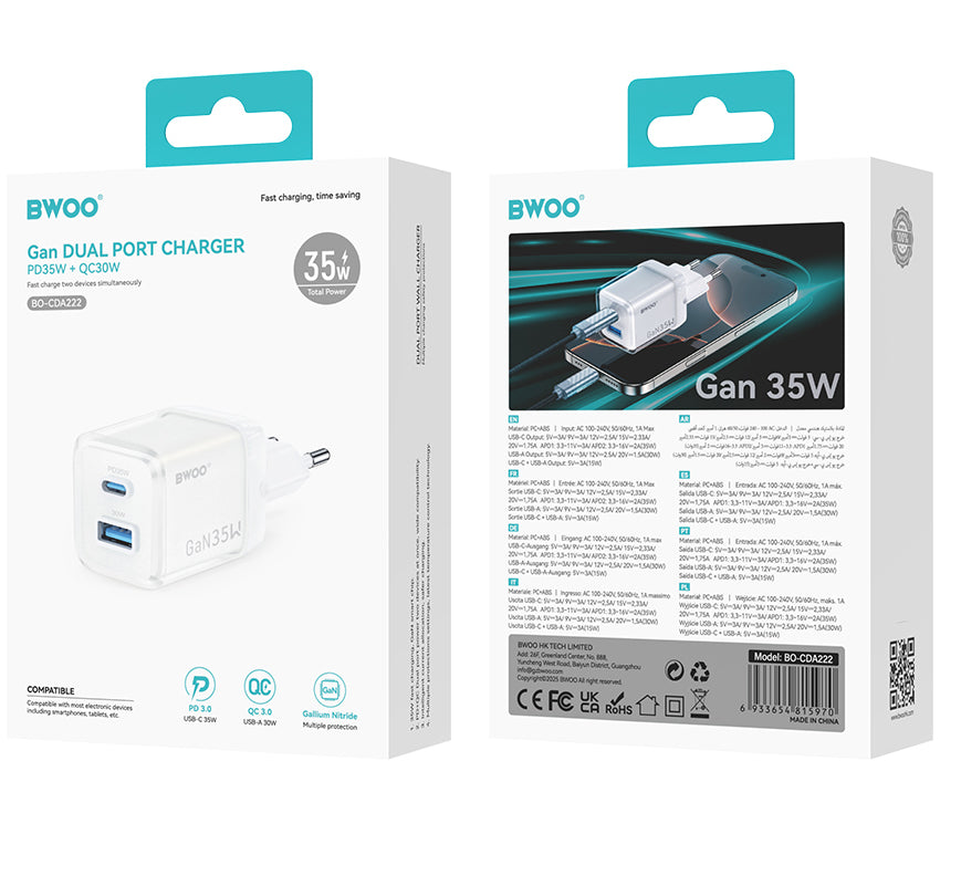 Punjač za mrežu BWOO CDA222, 35W, 3A, 1 x USB-A - 1 x USB-C, Bijeli