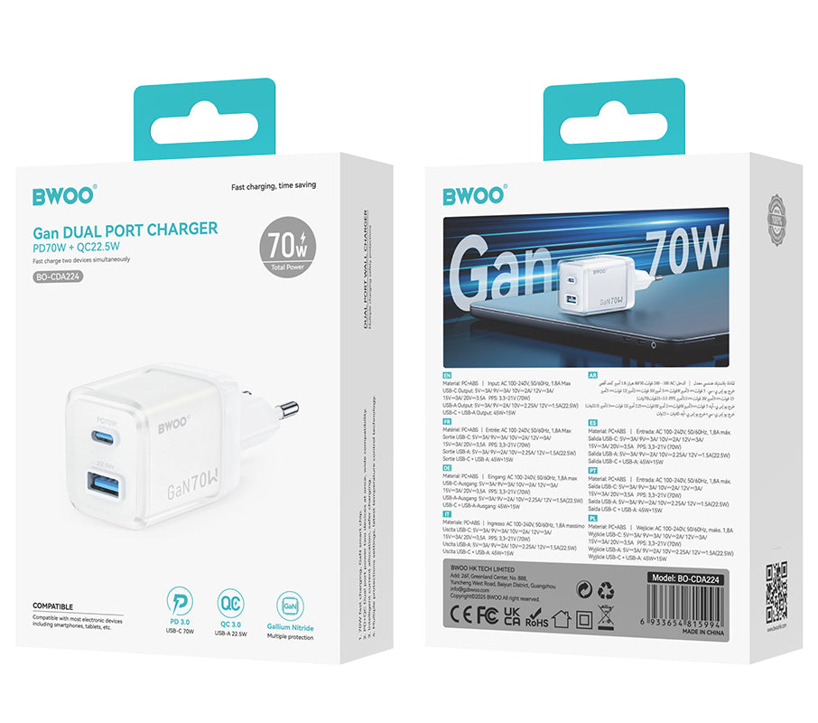 Mrežni punjač BWOO CDA224, 70W, 3.25A, 1 x USB-A - 1 x USB-C, Bijeli