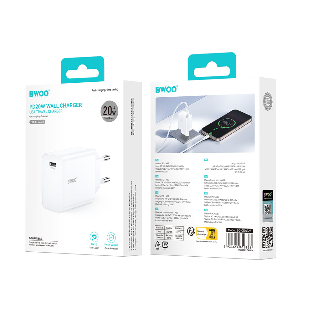 Mrežni punjač BWOO CDA226, 20W, 3A, 1 x USB-C, Bijeli