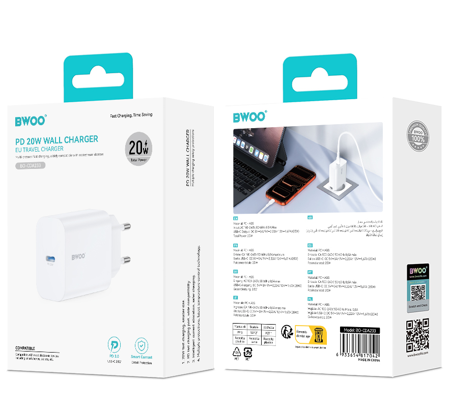 Mrežni punjač BWOO CDA233, 20W, 3A, 1 x USB-C, Bijeli