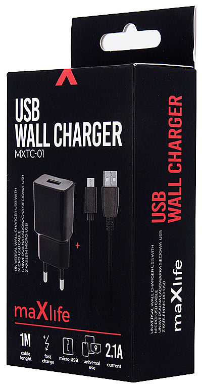 Punjač za mrežu s microUSB kabelom MaXlife MXTC-01, 10.5W, 2.1A, 1 x USB-A, Crni
