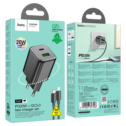 Punjač za mrežu s Lightning kabelom HOCO N41, 20W, 3A, 1 x USB-A - 1 x USB-C, Crni