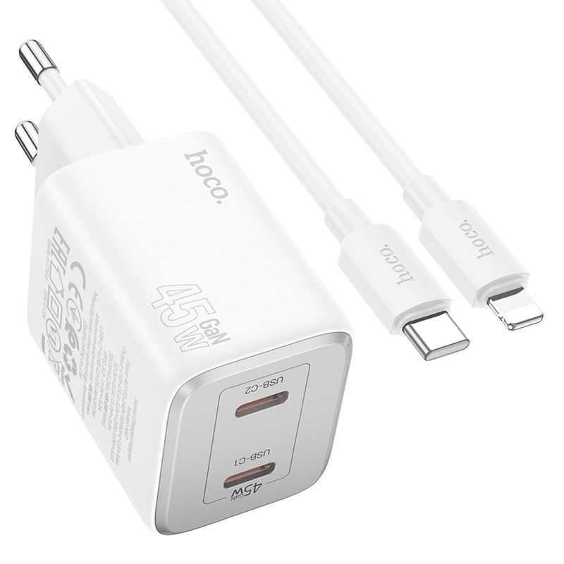 Mrežni punjač s Lightning kabelom HOCO N42, 45W, 3A, 2 x USB-C, Bijeli