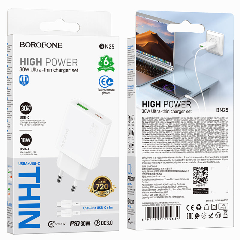 Mrežni punjač s USB-C kabelom Borofone BN25 Wish, 30W, 3A, 1 x USB-A - 1 x USB-C, bijeli