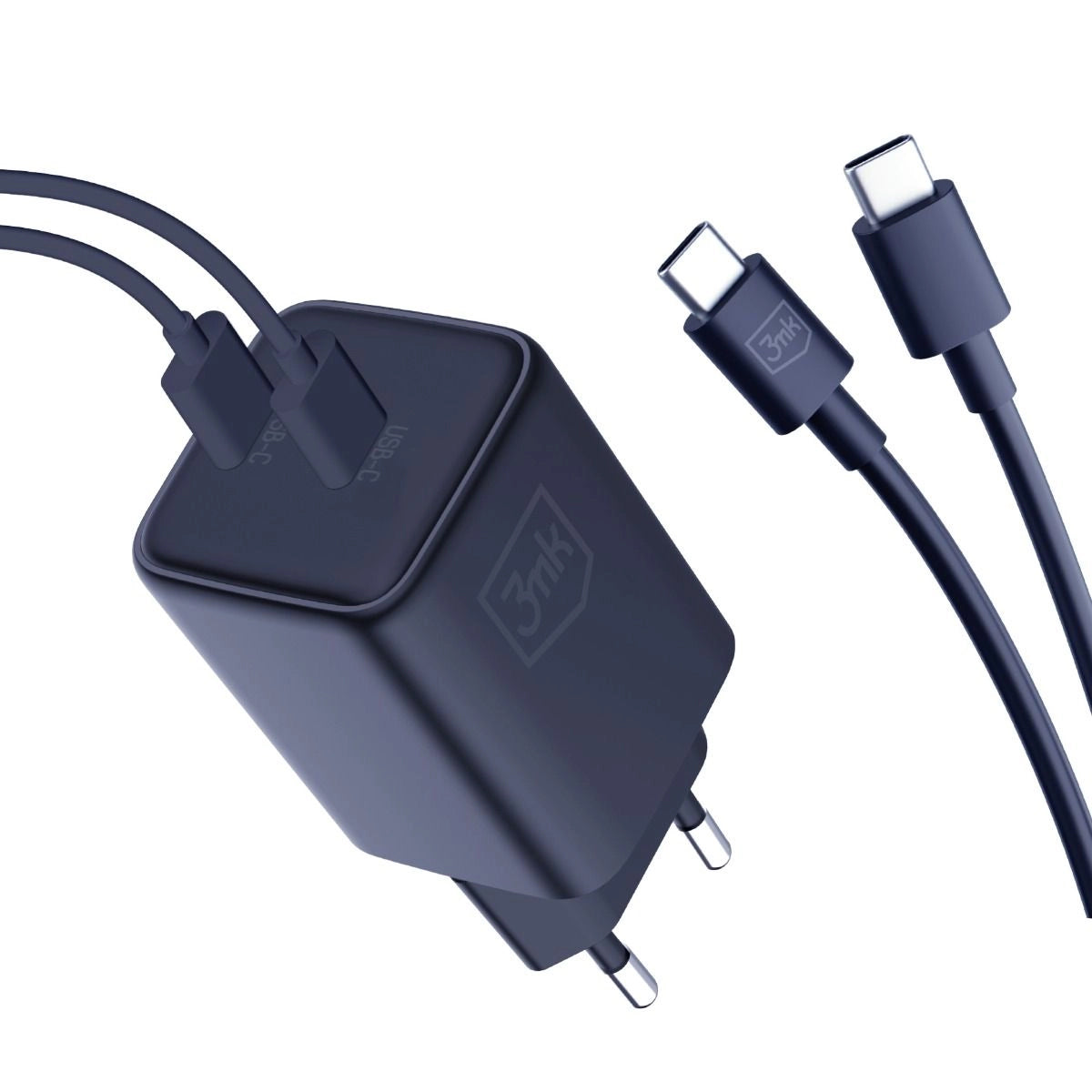 Mrežni punjač s USB-C kabelom 3MK HyperCharger, 45W, 3A, 2 x USB-C, crni