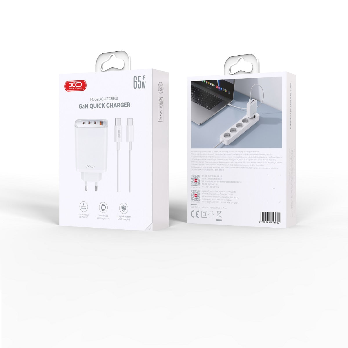 Punjač za mrežu s USB-C kabelom XO Design CE23, 65W, 3.25A, 1 x USB-A - 3 x USB-C, Bijeli