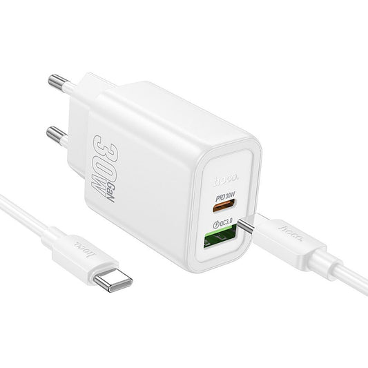 Punjač za mrežu s USB-C kabelom HOCO N63, 30W, 3A, 1 x USB-A - 1 x USB-C, Bijeli