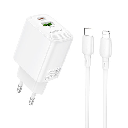 Punjač mreže s Lightning kabelom Borofone BN27 Fuente, 20W, 3A, 1 x USB-A - 1 x USB-C, Bijeli