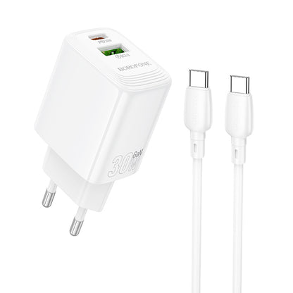 Punjač za mrežu s USB-C kabelom Borofone BN29 Fuente, 30W, 3A, 1 x USB-A - 1 x USB-C, Bijeli