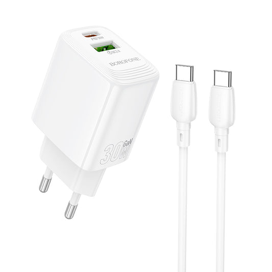 Punjač za mrežu s USB-C kabelom Borofone BN29 Fuente, 30W, 3A, 1 x USB-A - 1 x USB-C, Bijeli