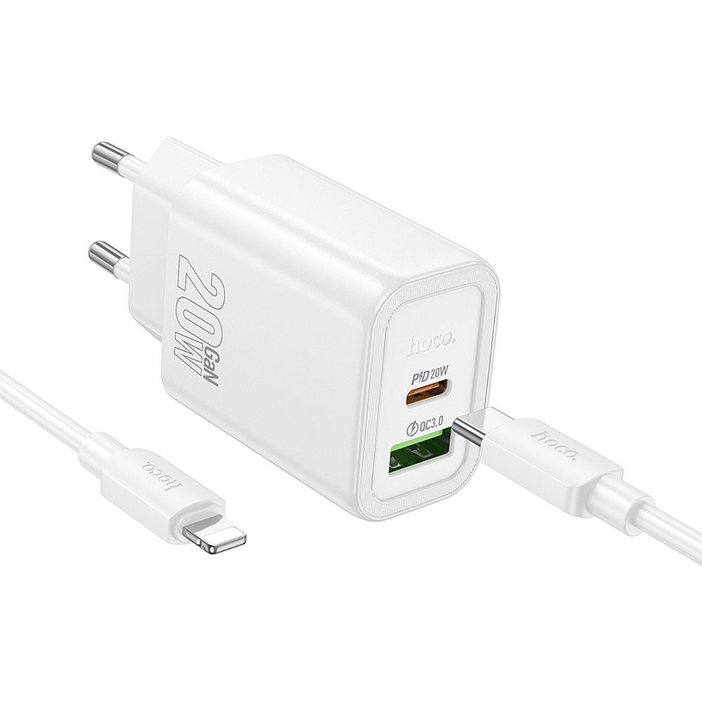 Punjač za mrežu s Lightning kabelom HOCO N61, 20W, 3A, 1 x USB-A - 1 x USB-C, Bijeli