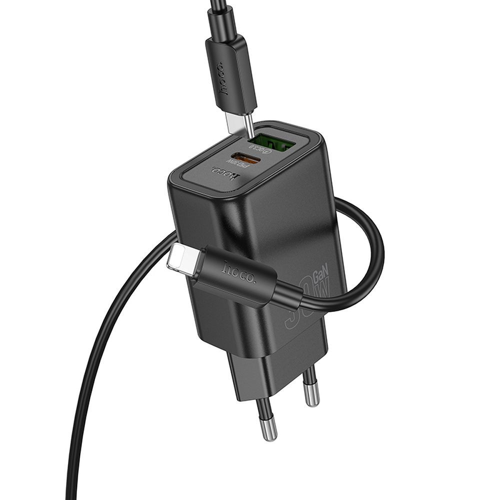 Punjač za mrežu s Lightning kabelom HOCO N63, 30W, 3A, 1 x USB-A - 1 x USB-C, Crni