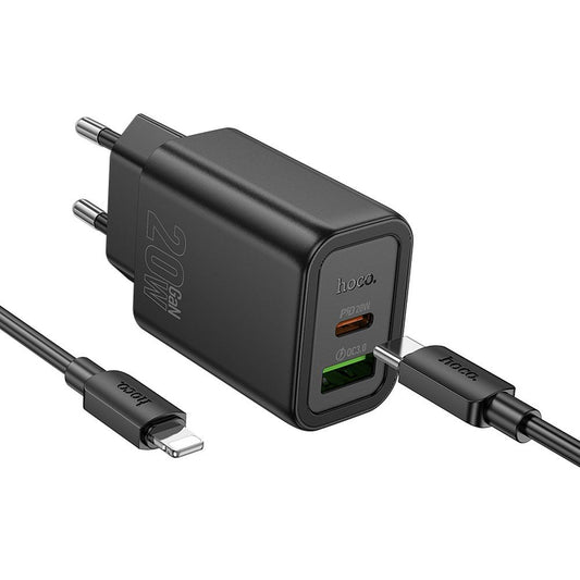 Punjač za mrežu s USB-C kabelom HOCO N61, 20W, 3A, 1 x USB-A - 1 x USB-C, Crni