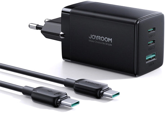 Punjač za mrežu s USB-C kabelom Joyroom TCG01, 65W, 3.25A, 1 x USB-A - 2 x USB-C, Crni
