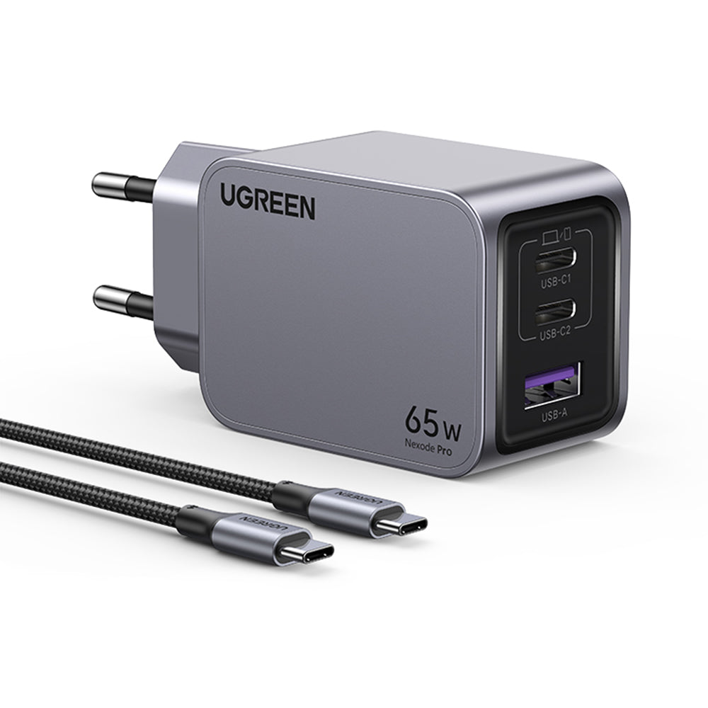 Punjač za mrežu s USB-C kabelom UGREEN X755 Nexode Pro, 65W, 3A, 1 x USB-A - 2 x USB-C, Sivi