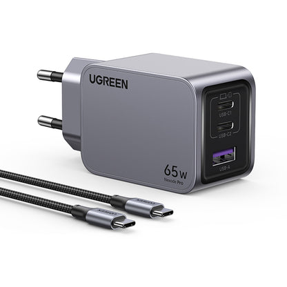 Punjač za mrežu s USB-C kabelom UGREEN X755 Nexode Pro, 65W, 3A, 1 x USB-A - 2 x USB-C, Sivi