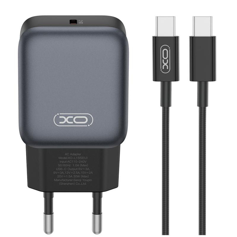 Punjač za mrežu s USB-C kabelom XO Design L155, 30W, 3A, 1 x USB-C, Crni