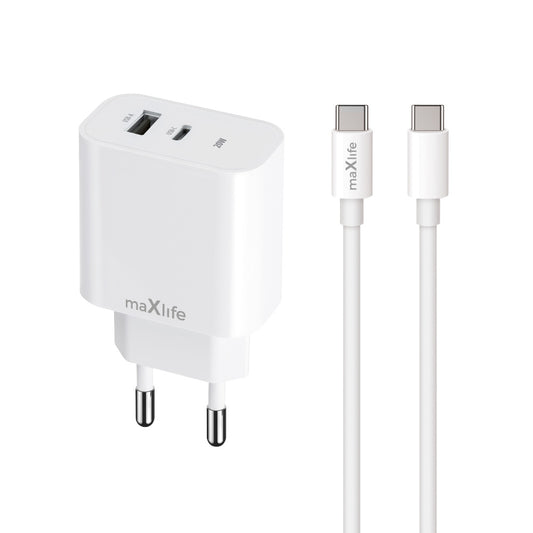 Punjač za mrežu s USB-C kabelom MaXlife MXTC-06-20AC, 20W, 3A, 1 x USB-A - 1 x USB-C, Bijeli