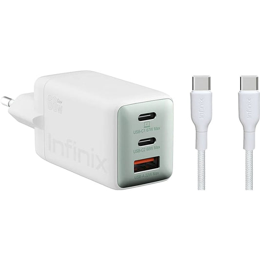 Mrežni punjač s USB-C kabelom Infinix XC07868EU + XDC95, 68W, 6.2A, 1 x USB-A - 2 x USB-C, Bijeli