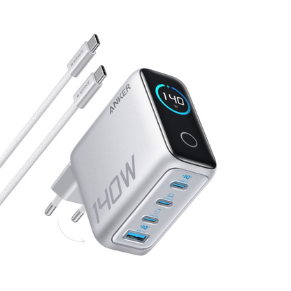 Punjač za mrežu s USB-C kabelom Anker Zolo, 140W, 5A, 1 x USB-A - 3 x USB-C, Srebrni B2697G41