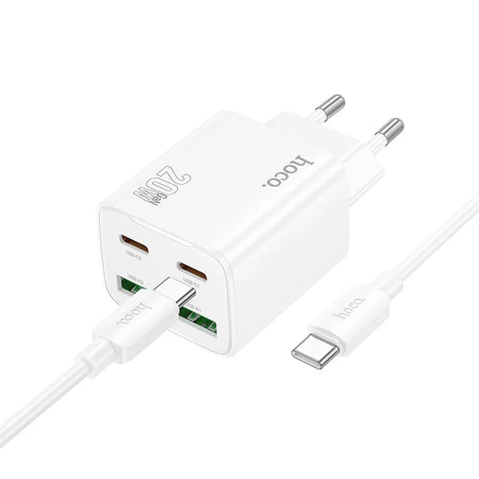 Punjač za mrežu s USB-C kabelom HOCO N55, 20W, 3A, 2 x USB-A - 2 x USB-C, Bijeli