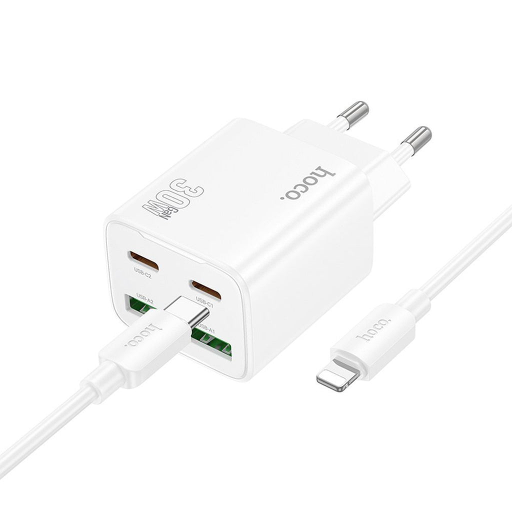 Punjač za mrežu s Lightning kabelom HOCO N56, 30W, 3A, 2 x USB-A - 2 x USB-C, Bijeli