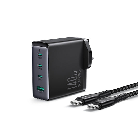 Mrežni punjač s USB-C kabelom Joyroom JR-TCG05UK, 140W, 5A, 1 x USB-A - 3 x USB-C, UK, Crni