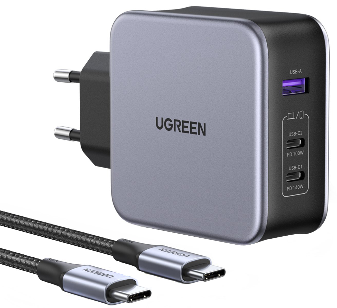 Mrežni punjač s USB-C kabelom UGREEN CD289, 140W, 5A, 1 x USB-A - 2 x USB-C, Sivi