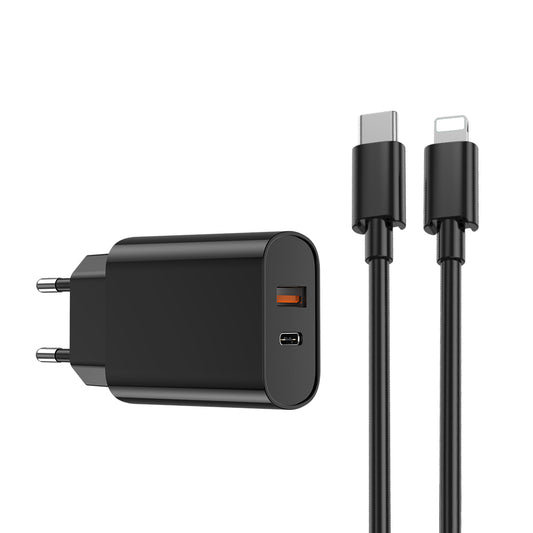 Punjač za mrežu s Lightning kabelom WiWu Wi-U002, 20W, 3A, 1 x USB-A - 1 x USB-C, Crni